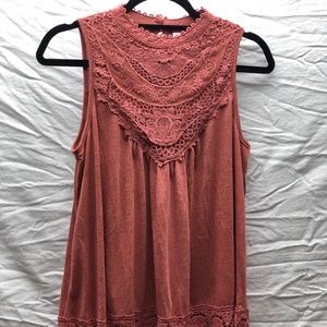Dark Orange High Neck Lace Trimmed Tank Top